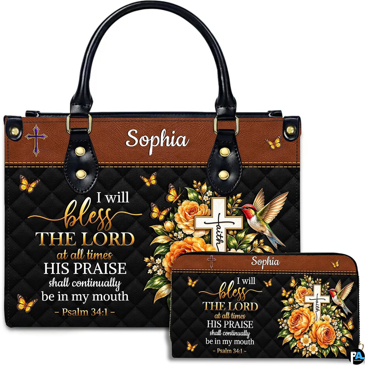 Christian scripture hummingbird floral handbag and matching wallet set on white background.
