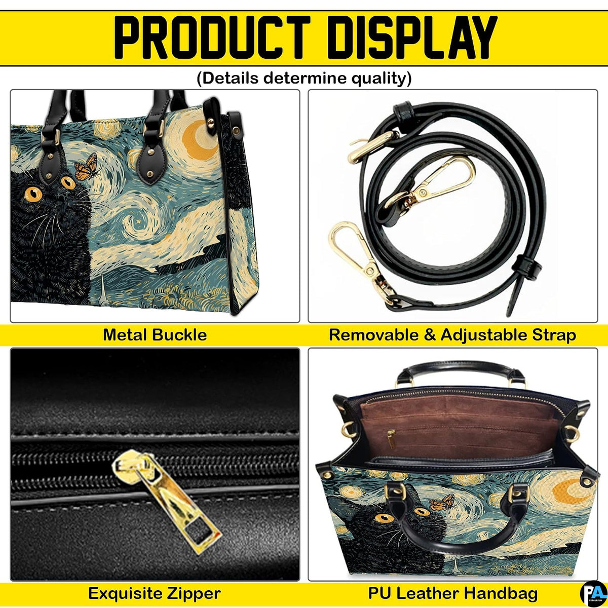 Four-panel layout presenting close-up visual accents of the starry night cat art.
