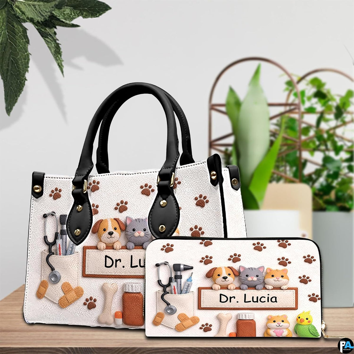Three quarter view of structured veterinary handbag showcasing side and front styling