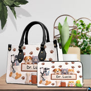 Three quarter view of structured veterinary handbag showcasing side and front styling