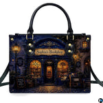 Matching zippered wallet showcasing coordinated evening shopfront and streetlamp illustration.