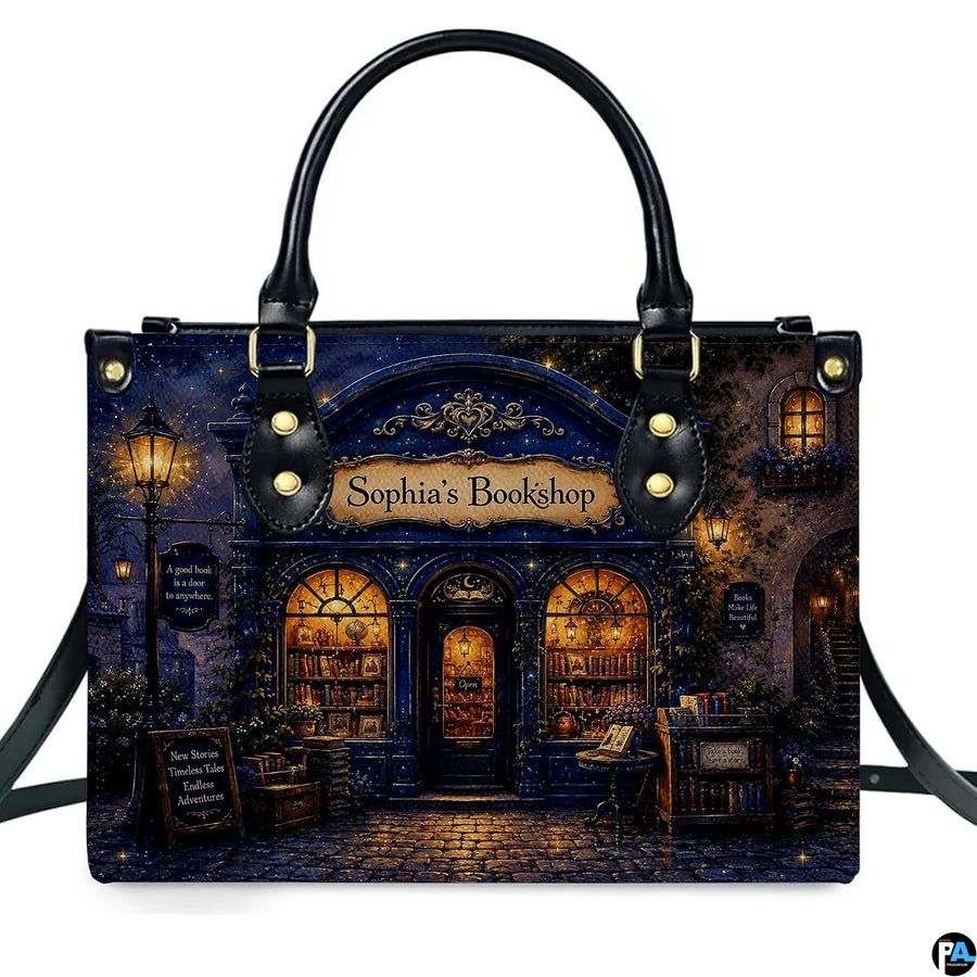 Matching zippered wallet showcasing coordinated evening shopfront and streetlamp illustration.
