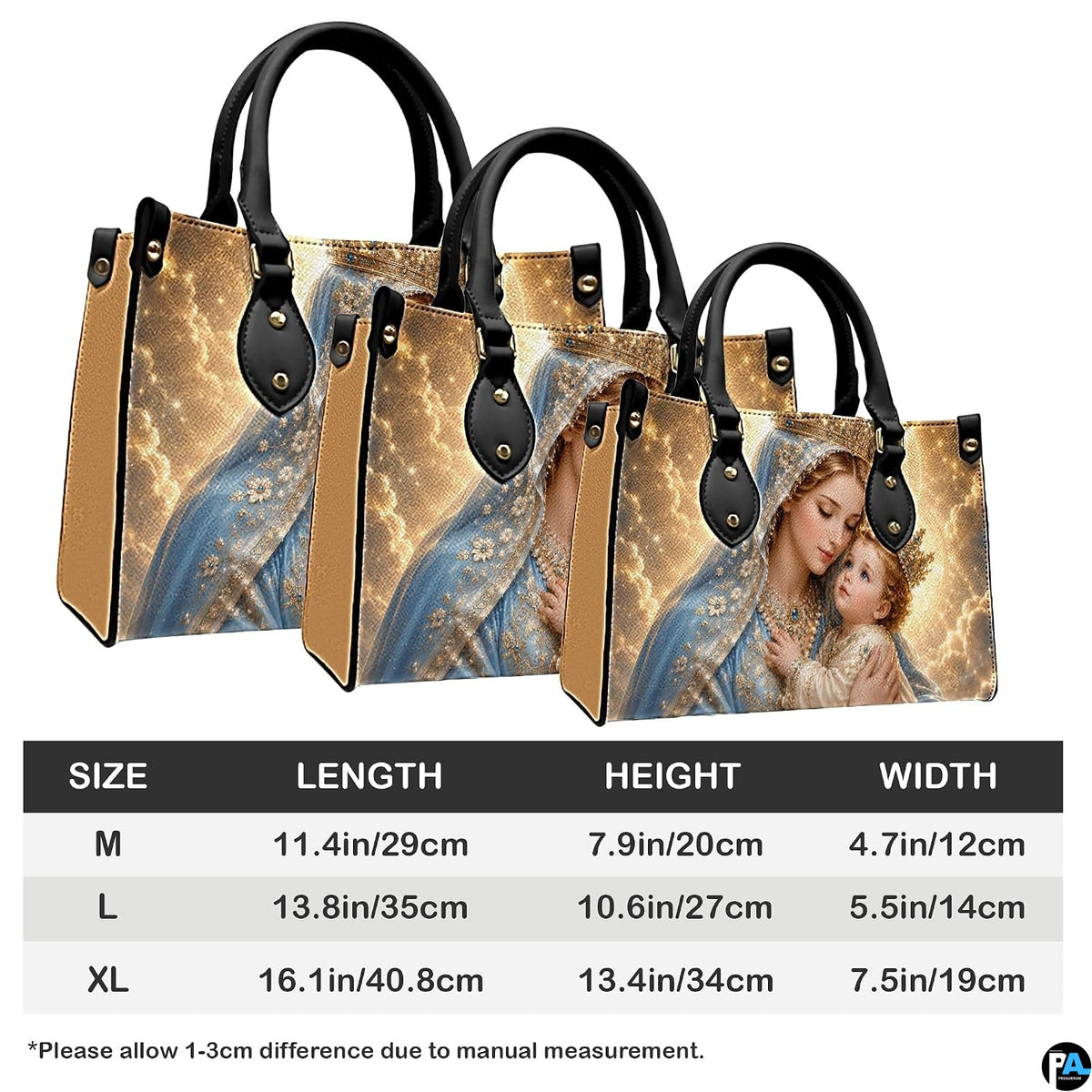 Tabletop display of Madonna and Child handbag highlighting golden celestial backlighting