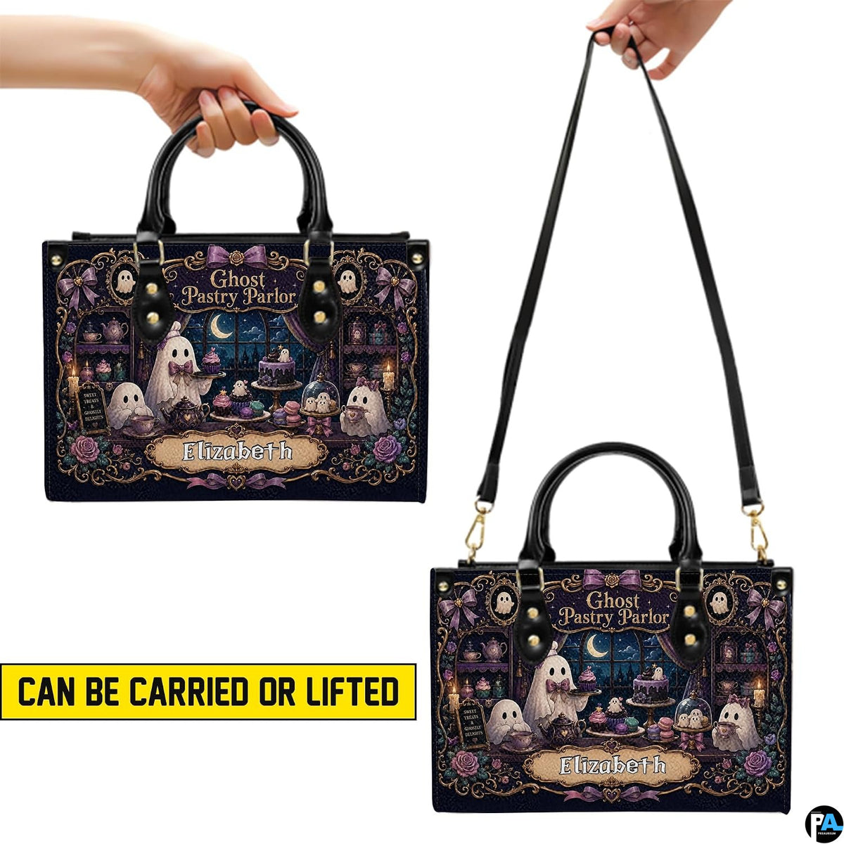 Visual demonstration showing handheld and over-the-shoulder styling options for the accessory.