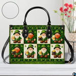 Front view of leprechaun checkerboard handbag in green and cream