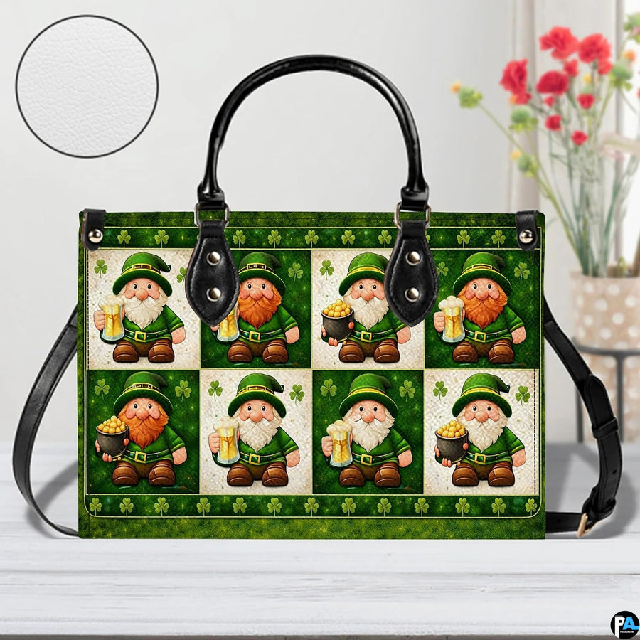 Front view of leprechaun checkerboard handbag in green and cream