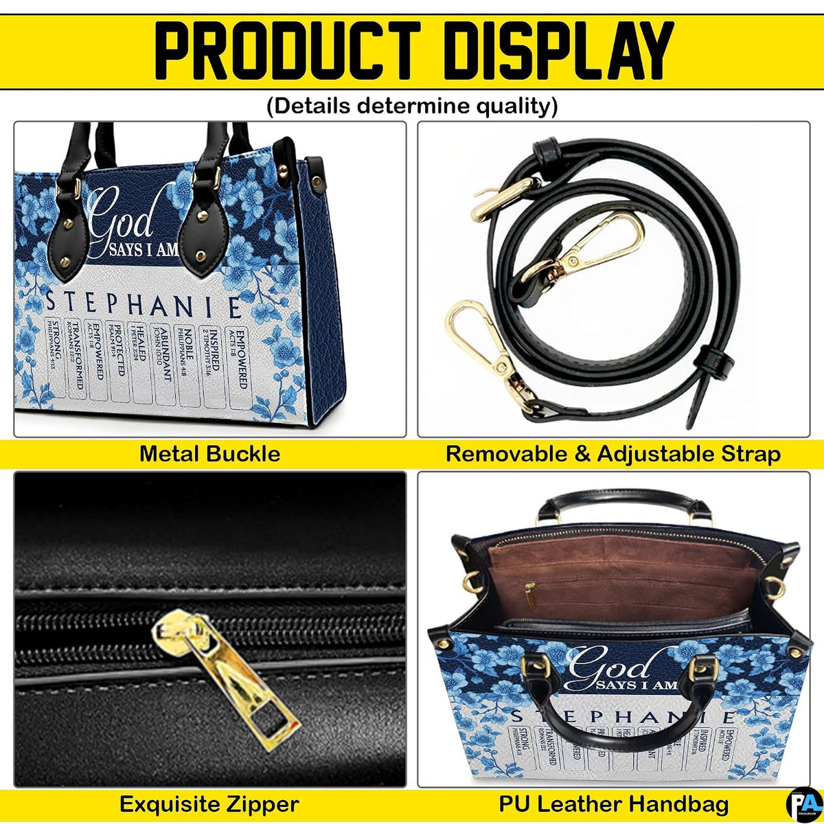 Visual showcase detailing corner hardware accents, top opening view, and floral patterned front panel.