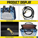 Visual showcase detailing corner hardware accents, top opening view, and floral patterned front panel.