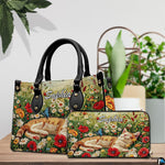 Tabletop display featuring cat butterfly art meadow print accessory resting beside potted plant.