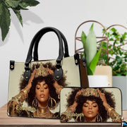 Crowned natural hair portrait handbag and matching wallet with green jewel accents