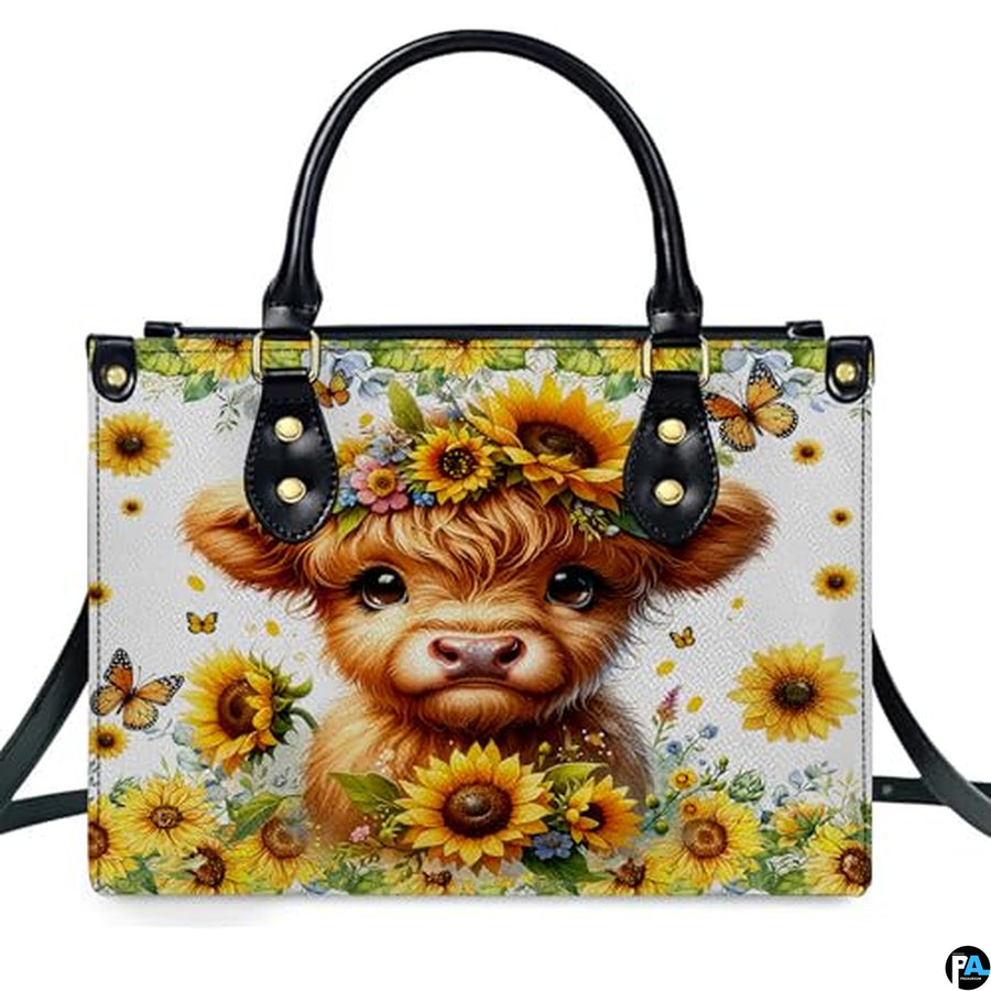 Highland Cow Leather Handbag Custom Cow Purse for Women Country Farm PU Leather Tote Gifts for Farmers Girls Mom Gift