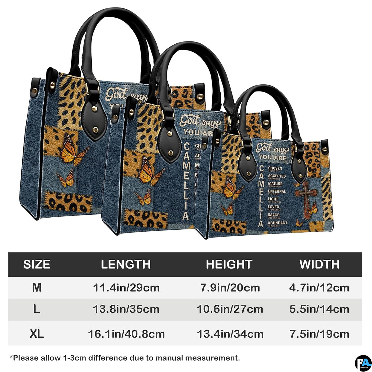 Measurement comparison graphic showing dimensional variations for Christian cross butterfly handbag