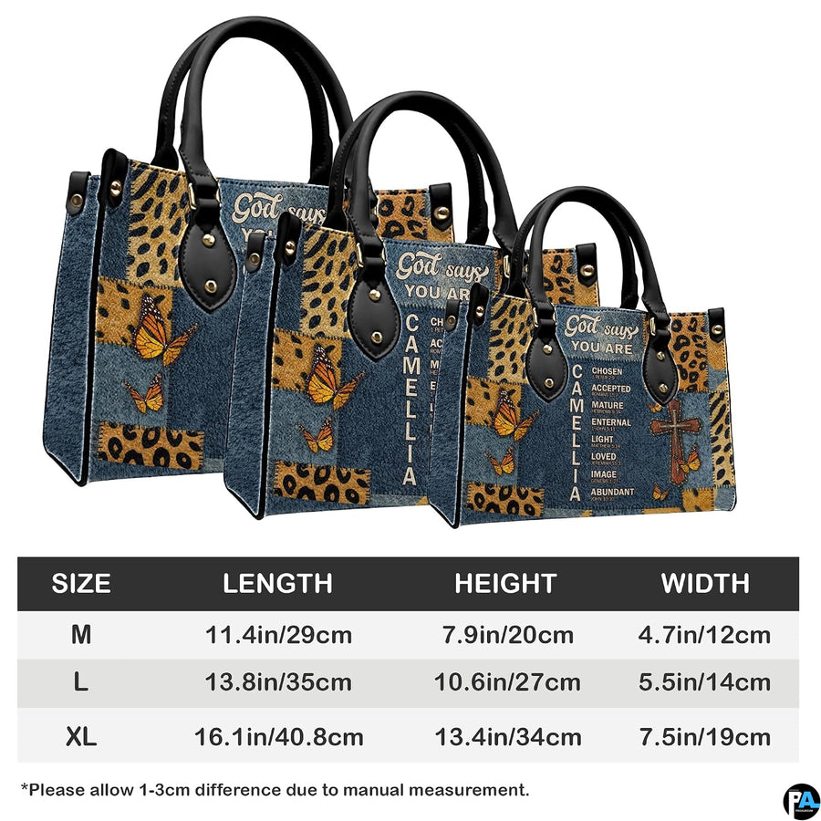 Measurement comparison graphic showing dimensional variations for Christian cross butterfly handbag