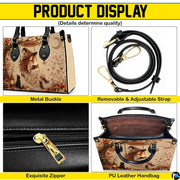 Product display overview showing metal hardware, adjustable shoulder strap, zipper top, and interior.