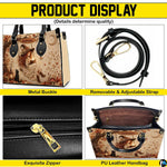 Product display overview showing metal hardware, adjustable shoulder strap, zipper top, and interior.
