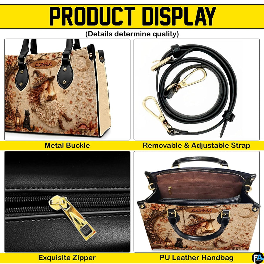 Product display overview showing metal hardware, adjustable shoulder strap, zipper top, and interior.