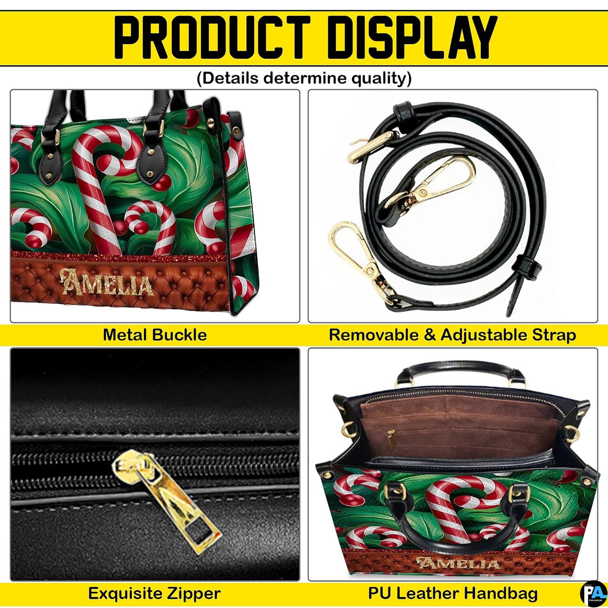Product feature breakdown illustrating upper handles, attachable strap, zipper detailing, and lining.