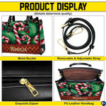 Product feature breakdown illustrating upper handles, attachable strap, zipper detailing, and lining.