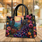 Front view of a colorful peacock floral handbag on a wooden table