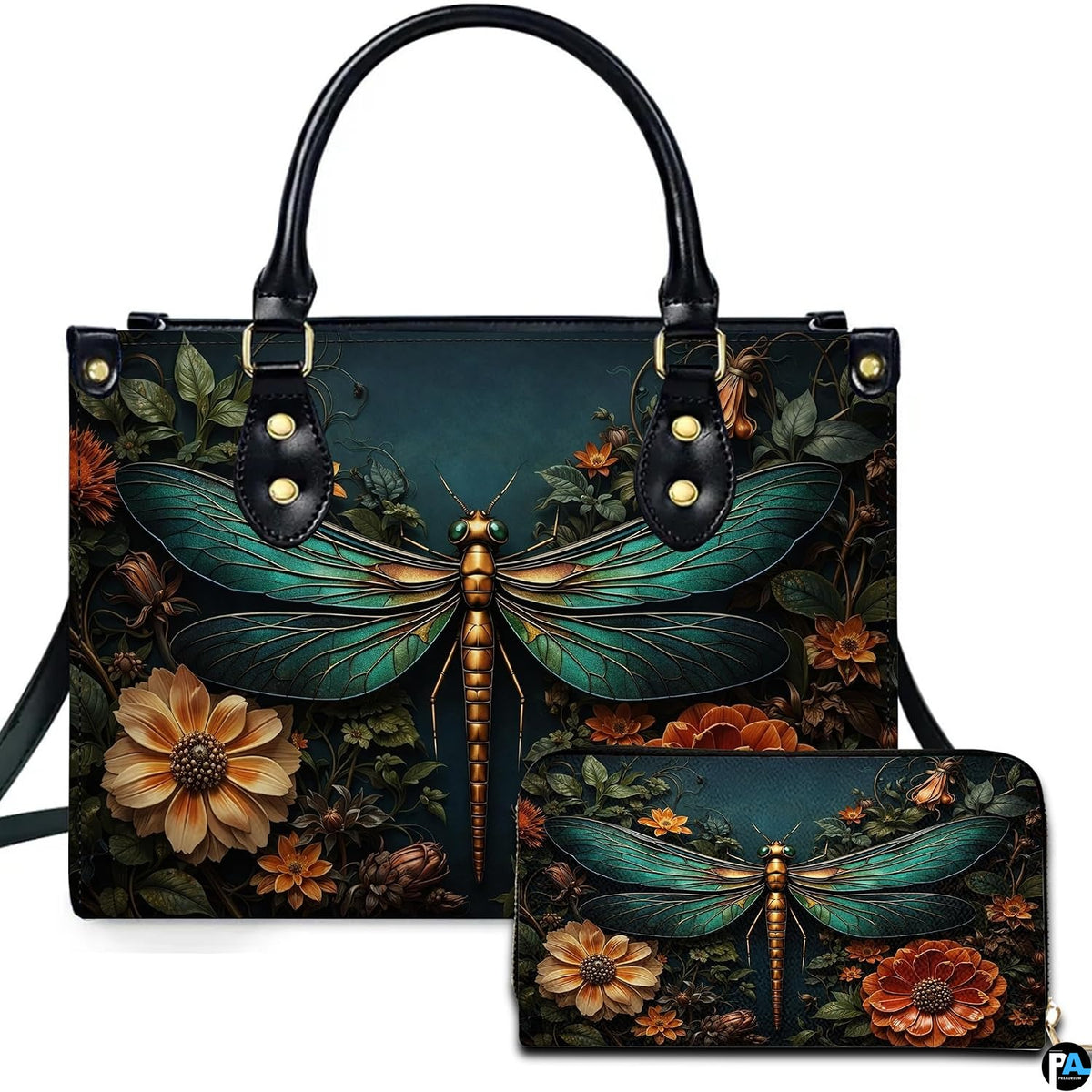 Emerald gold dragonfly and autumn dahlia handbag and wallet set displayed together on white background