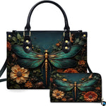 Emerald gold dragonfly and autumn dahlia handbag and wallet set displayed together on white background