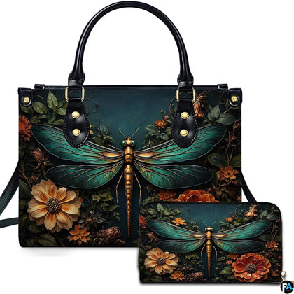 Emerald gold dragonfly and autumn dahlia handbag and wallet set displayed together on white background