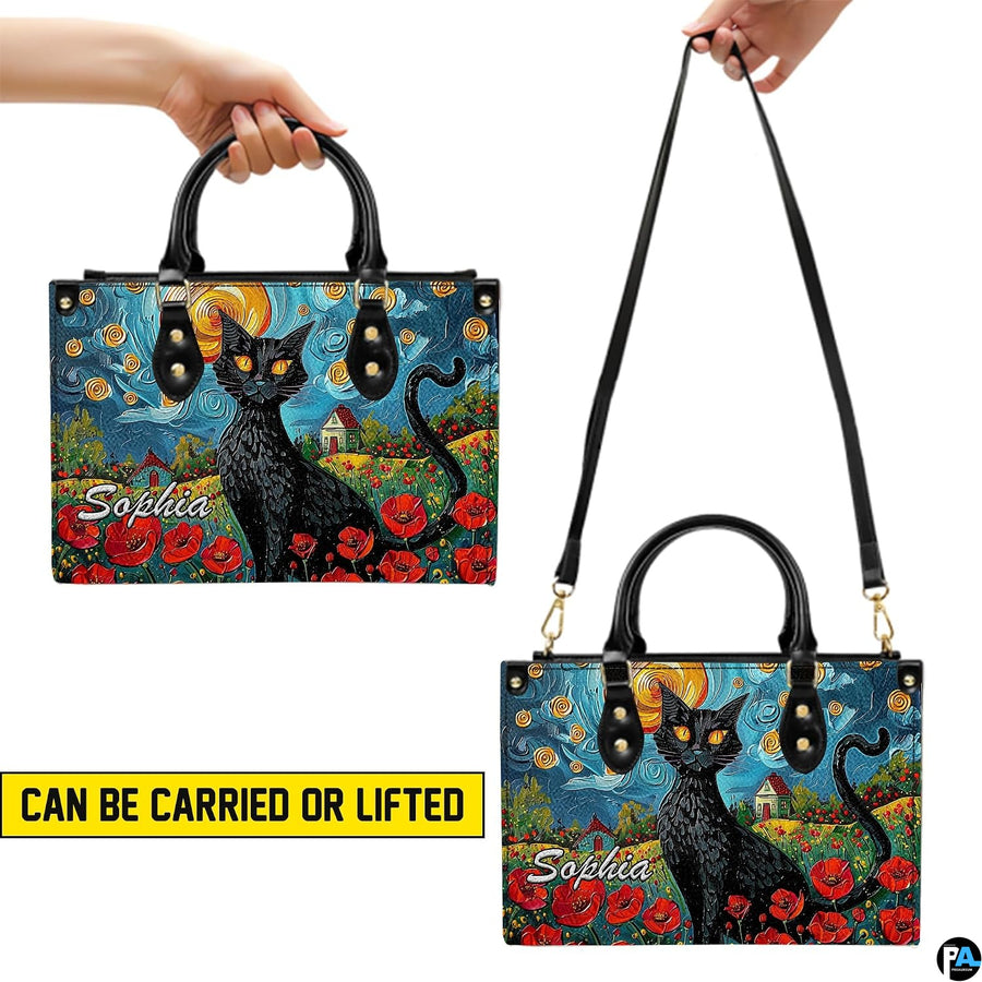 Carrying method showcase illustrating dual handheld and over-shoulder display options for van gogh cat art.