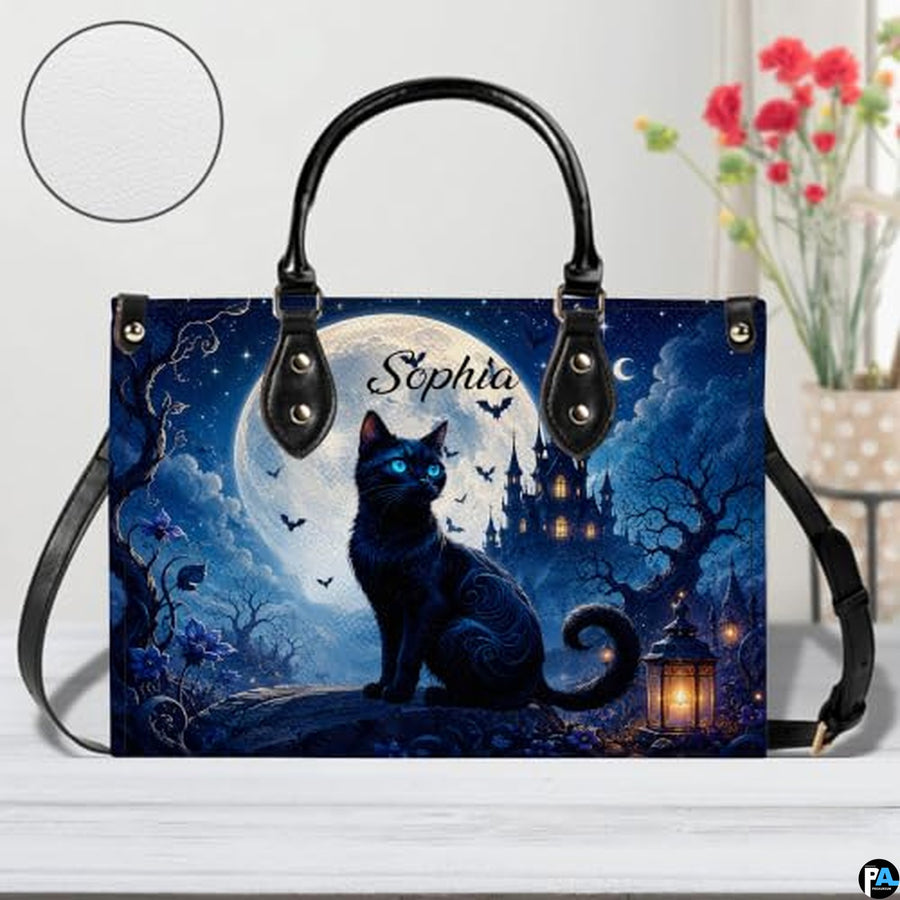 Black Cat Leather Bag – Vintage Cat Art Handbag, Stylish Animal-Themed Purse, Unique Gift for Cat Lovers