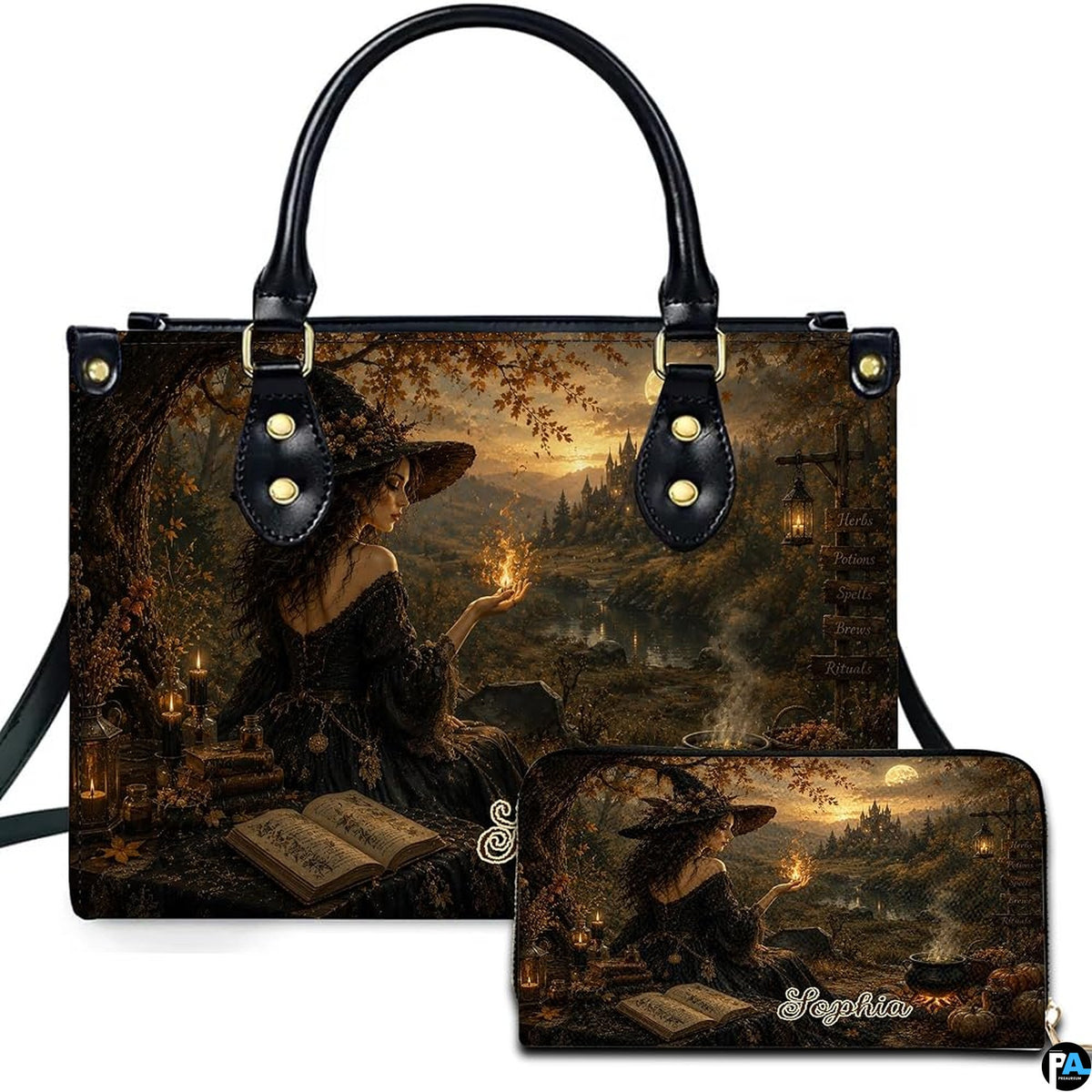 Personalized Witch Handbag with Purse, Custom Name Gothic Leather Bag Set for Women, Halloween Shoulder Bag, Witch Gift