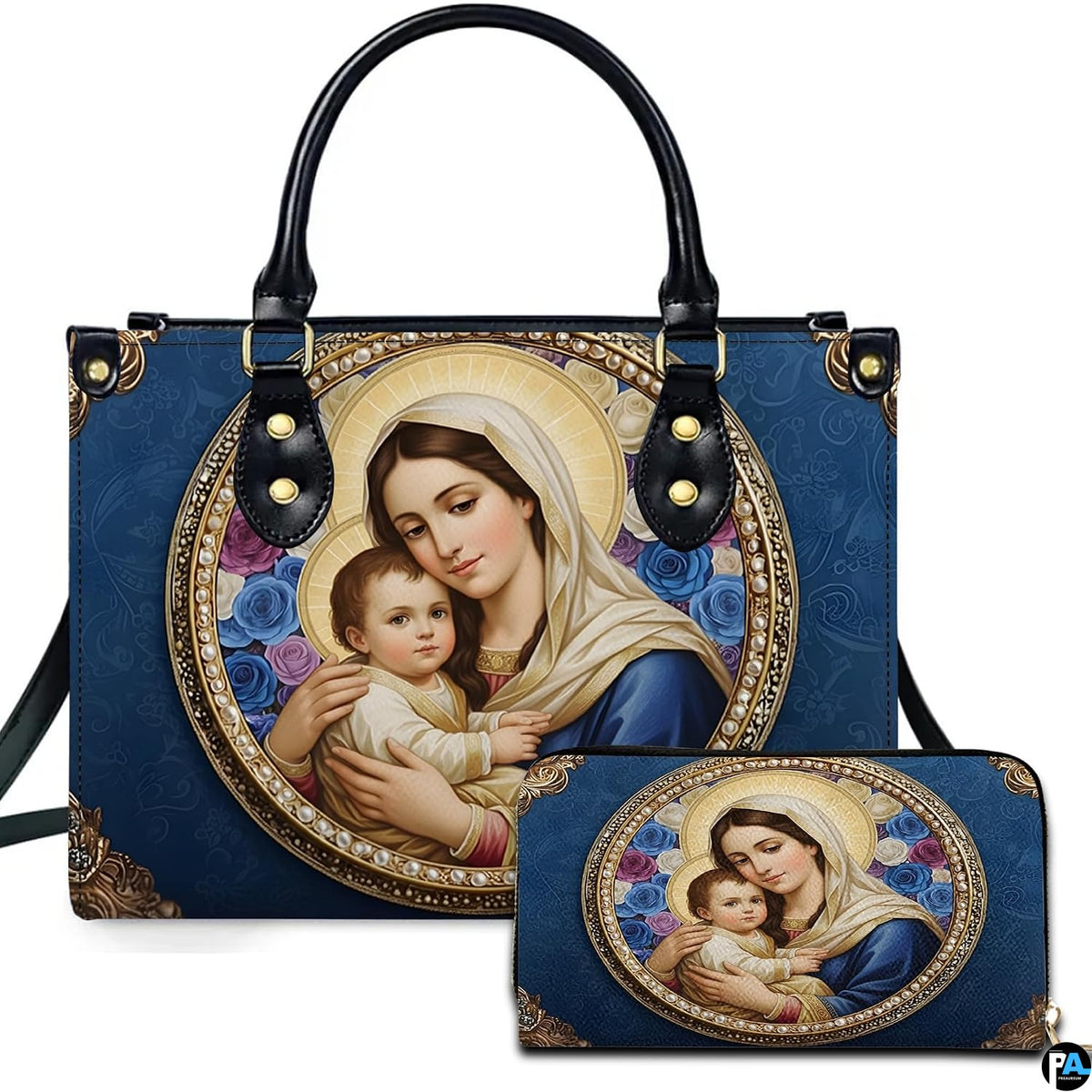 Sapphire baroque Madonna and Child handbag and matching wallet set with pearl frame