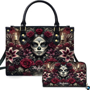 Dia de los Muertos sugar skull gothic rose handbag and matching wallet set on white background.