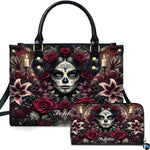 Dia de los Muertos sugar skull gothic rose handbag and matching wallet set on white background.