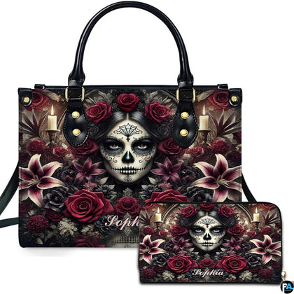 Dia de los Muertos sugar skull gothic rose handbag and matching wallet set on white background.