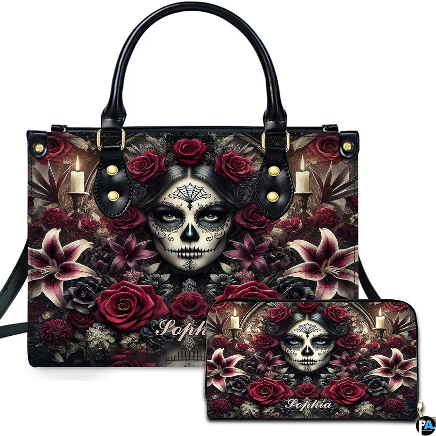 Dia de los Muertos sugar skull gothic rose handbag and matching wallet set on white background.