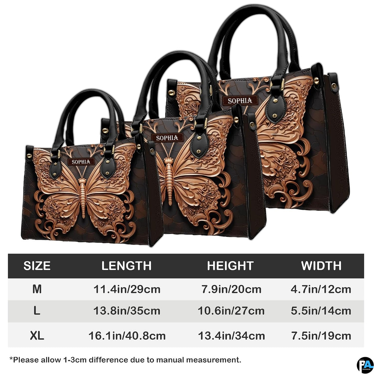 Dimension measurement graphic showing height, length, and width specifications for the butterfly handbag.