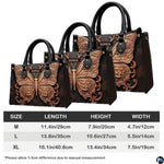 Dimension measurement graphic showing height, length, and width specifications for the butterfly handbag.