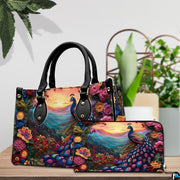 Peacock landscape handbag and matching wallet displayed on a table