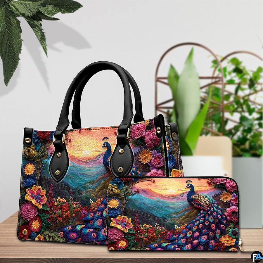 Peacock landscape handbag and matching wallet displayed on a table