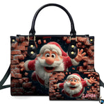 Handbag and matching wallet set featuring 3D cartoon Santa bursting through a red brick wall under night sky.