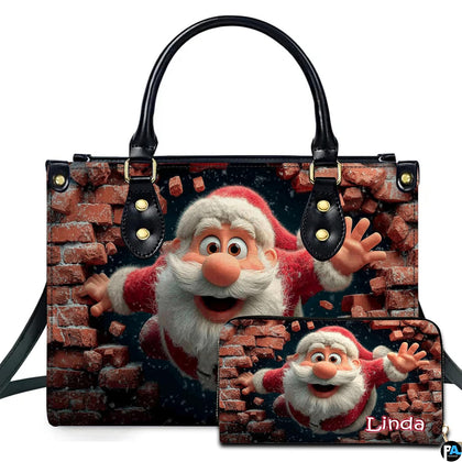 Handbag and matching wallet set featuring 3D cartoon Santa bursting through a red brick wall under night sky.