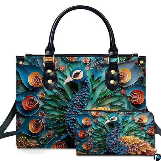 Peacock quilling design handbag with matching wallet