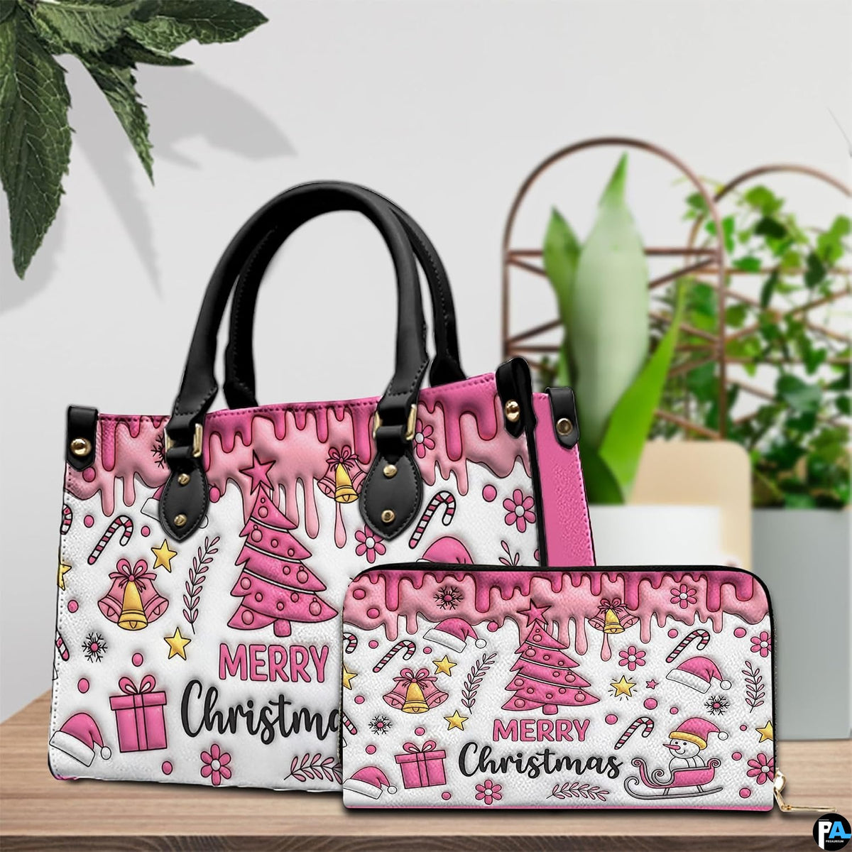 Festive accessory duo arranged on a wooden table beside potted green plants.