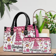 Festive accessory duo arranged on a wooden table beside potted green plants.