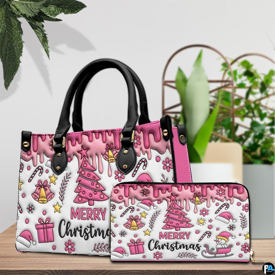 Festive accessory duo arranged on a wooden table beside potted green plants.