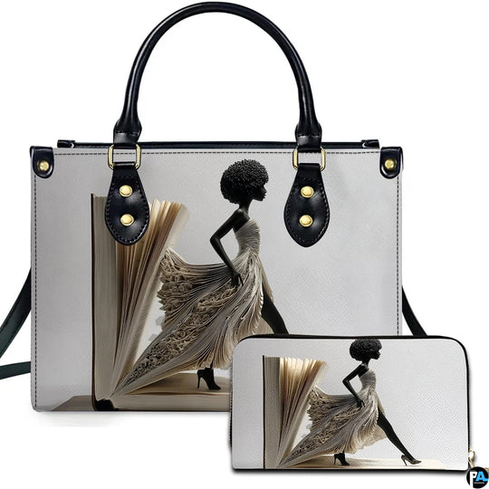 Book page dress handbag and matching wallet with afro silhouette