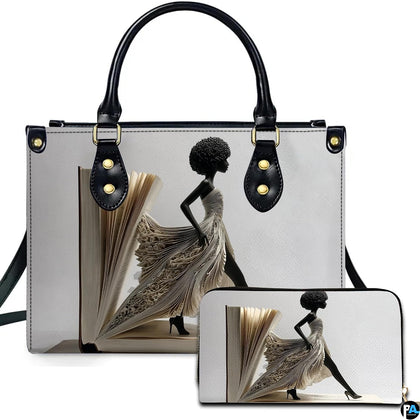 Book page dress handbag and matching wallet with afro silhouette