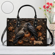 Personalized Halloween Gothic Leather Handbag Custom Raven Black Cat Purse Dark Fantasy Shoulder Bag Gift for Women