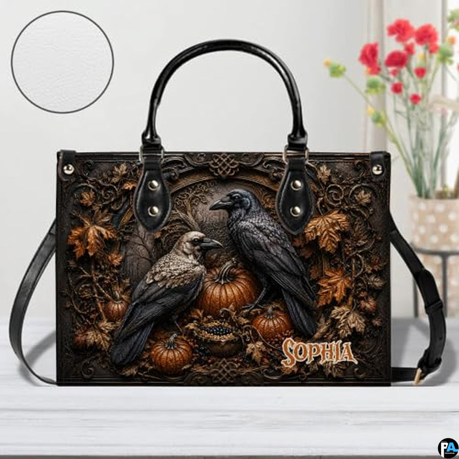 Personalized Halloween Gothic Leather Handbag Custom Raven Black Cat Purse Dark Fantasy Shoulder Bag Gift for Women