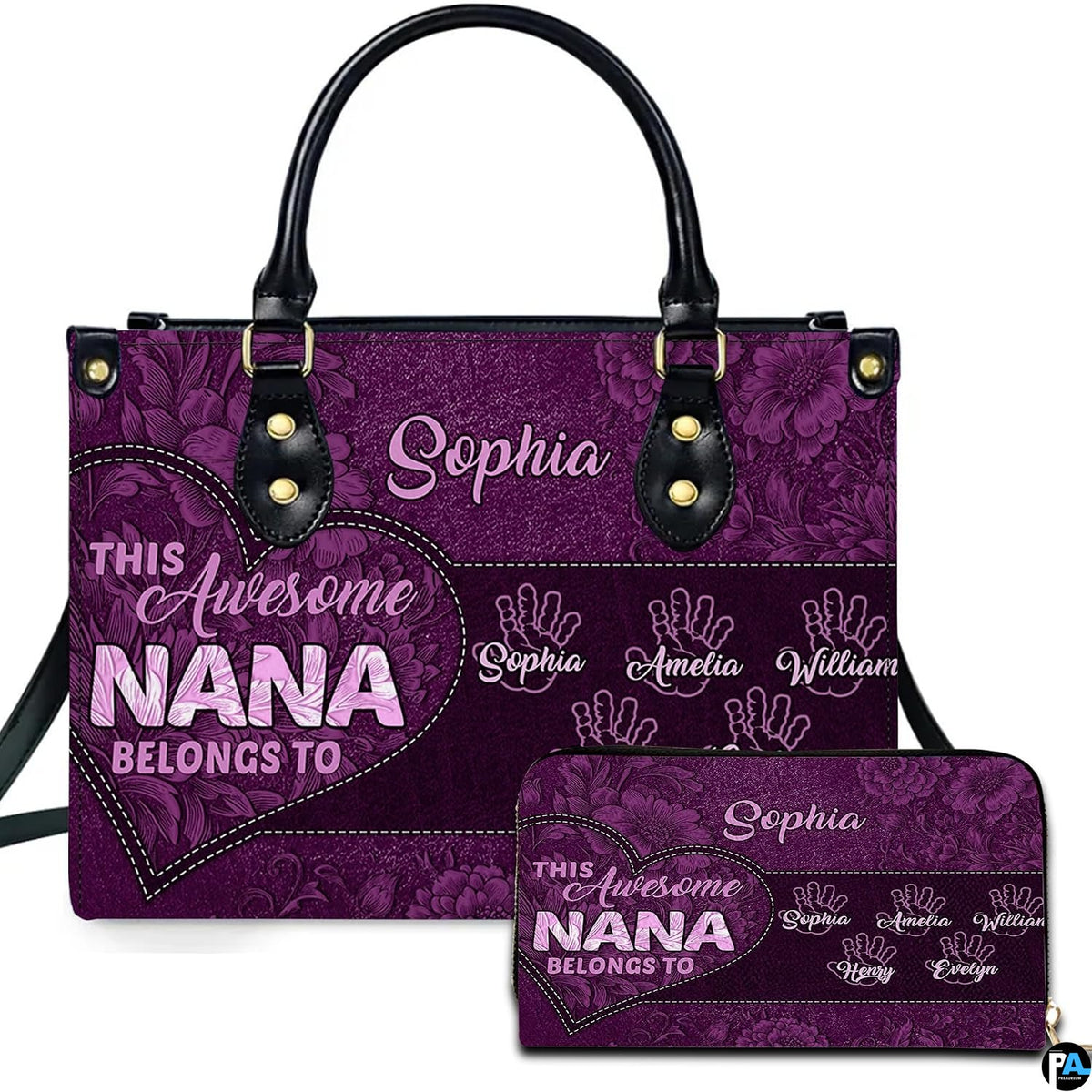 Purple floral heart handbag and matching zip wallet displayed against studio background with botanical details.