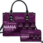 Purple floral heart handbag and matching zip wallet displayed against studio background with botanical details.